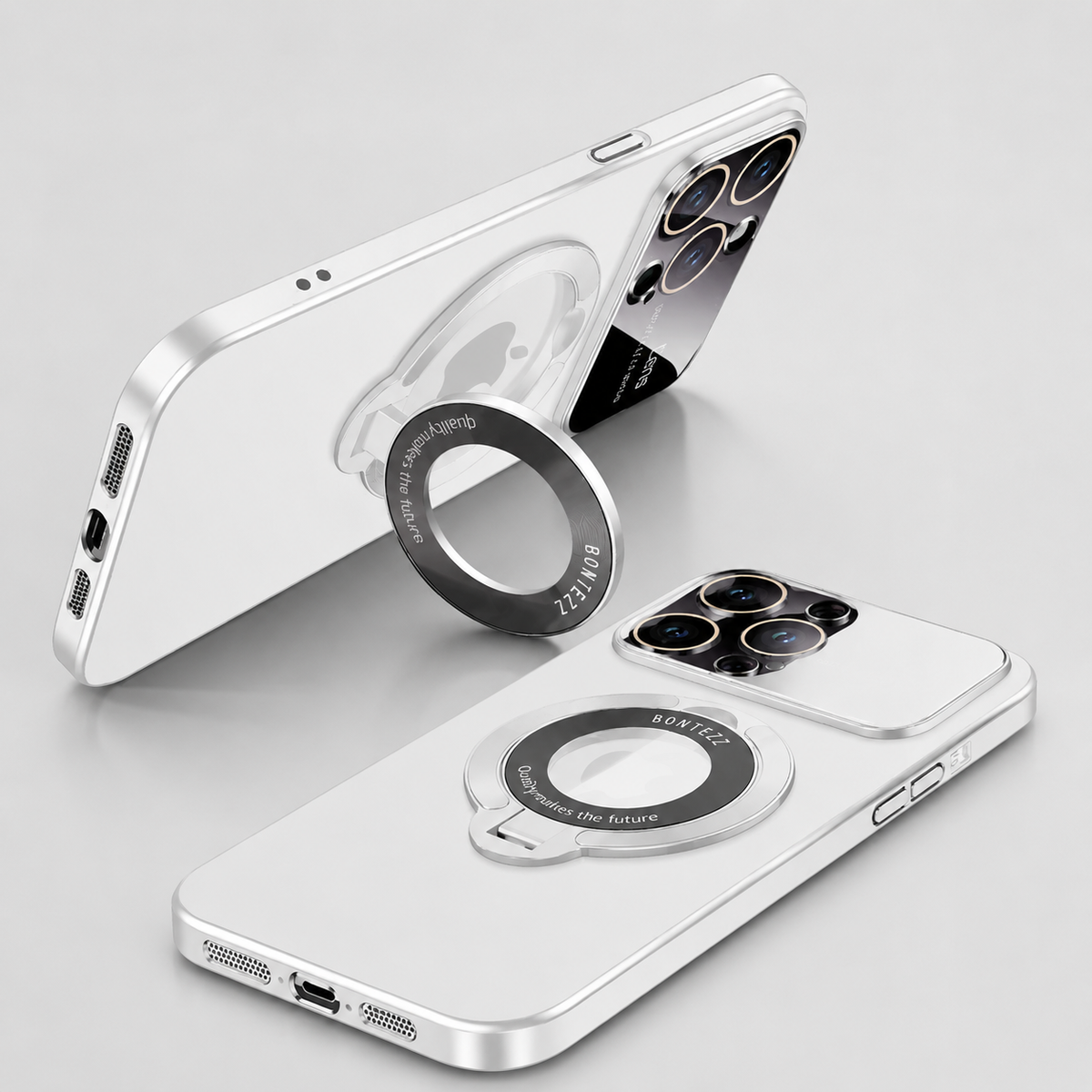 Two white phone-case views show the circular rear ring folded flat and opened to support a phone horizontally. Silver-colored edges surround the back and broad camera panel.