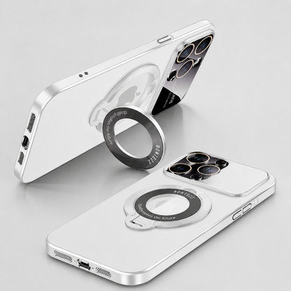 Two white phone-case views show the circular rear ring folded flat and opened to support a phone horizontally. Silver-colored edges surround the back and broad camera panel.