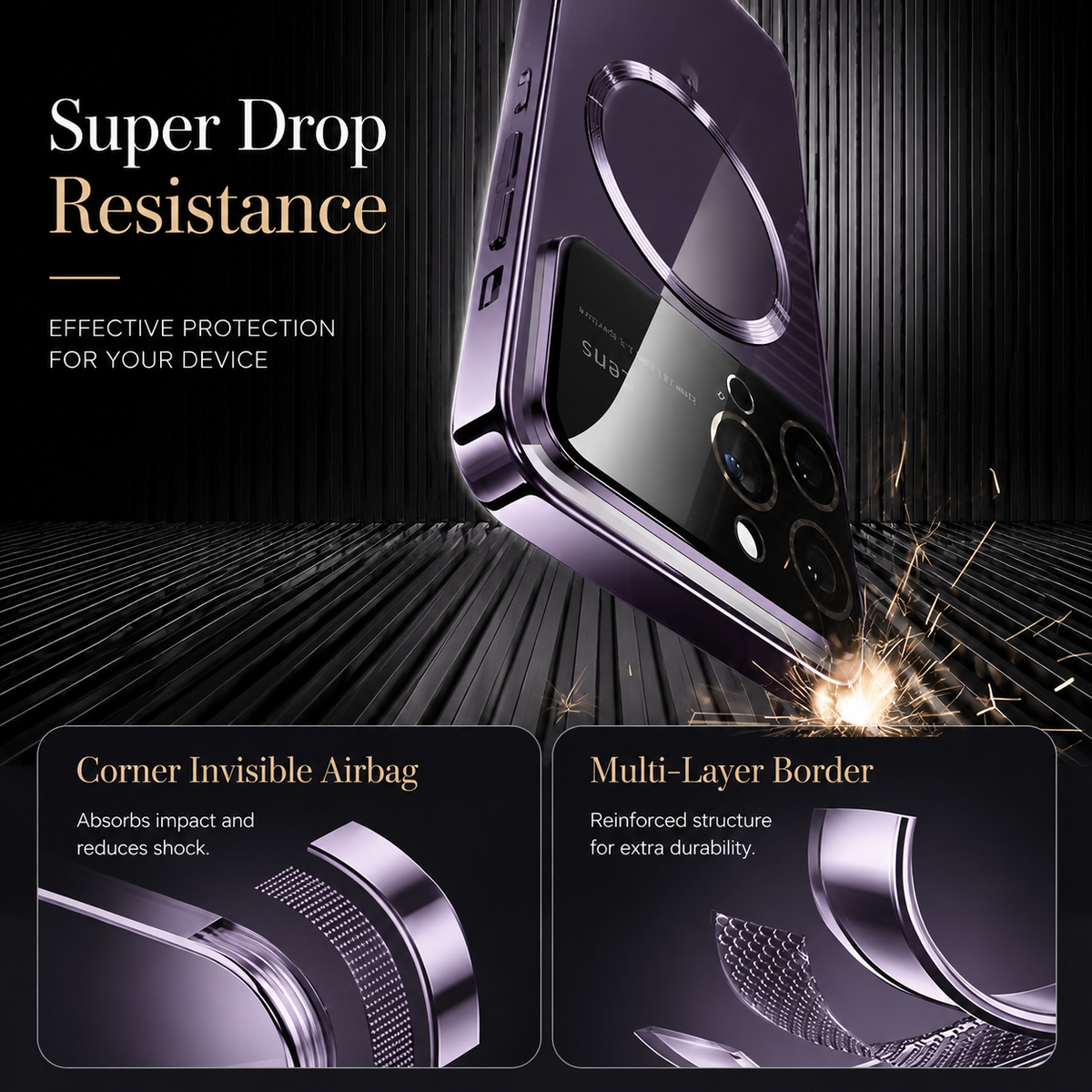A purple phone case strikes a dark ridged surface corner-first amid sparks. Insets show corner and layered-border construction. Text advertises drop resistance and cushioning.
