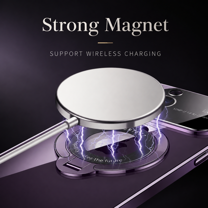 A white charging puck hovers above the circular ring on a purple phone case, with purple lightning graphics illustrating attraction. Text advertises a strong magnet and wireless charging.