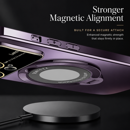 A close-up of a purple phone case shows its ring folded flat, side buttons and camera panel above a charging puck. Text advertises stronger magnetic alignment.