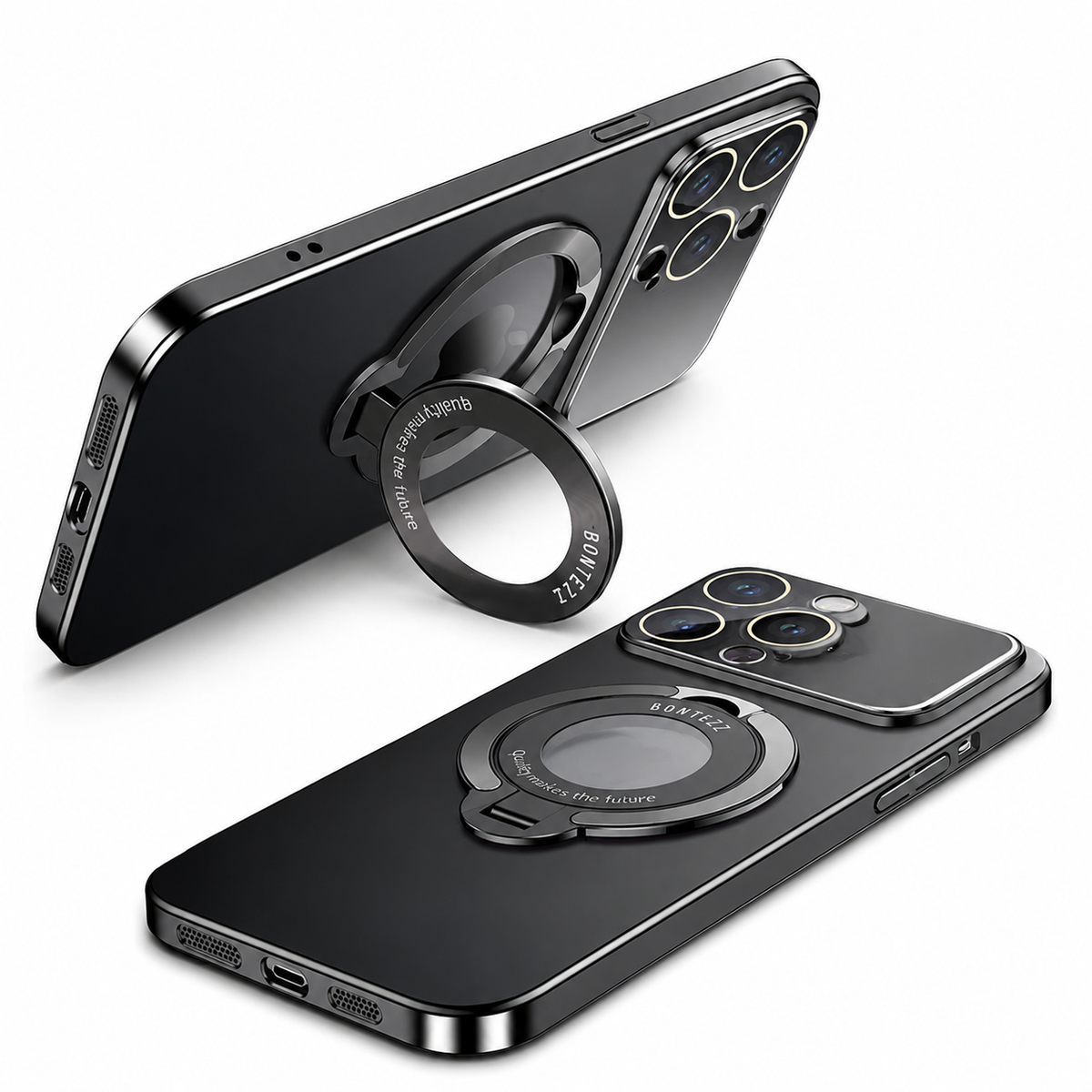 Two black phone-case views show the circular rear ring folded flat and opened to support a phone horizontally. Shiny edges and a broad glossy camera panel contrast with the dark back.