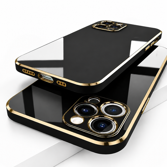 Two glossy black phone cases overlap on white blocks. Gold-colored borders outline the backs and three-lens camera surrounds, while window reflections cross the smooth surfaces and bottom openings remain visible.