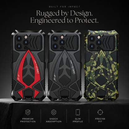 Red-accented black, plain black and camouflage armor-style cases stand in a row on a dark platform.