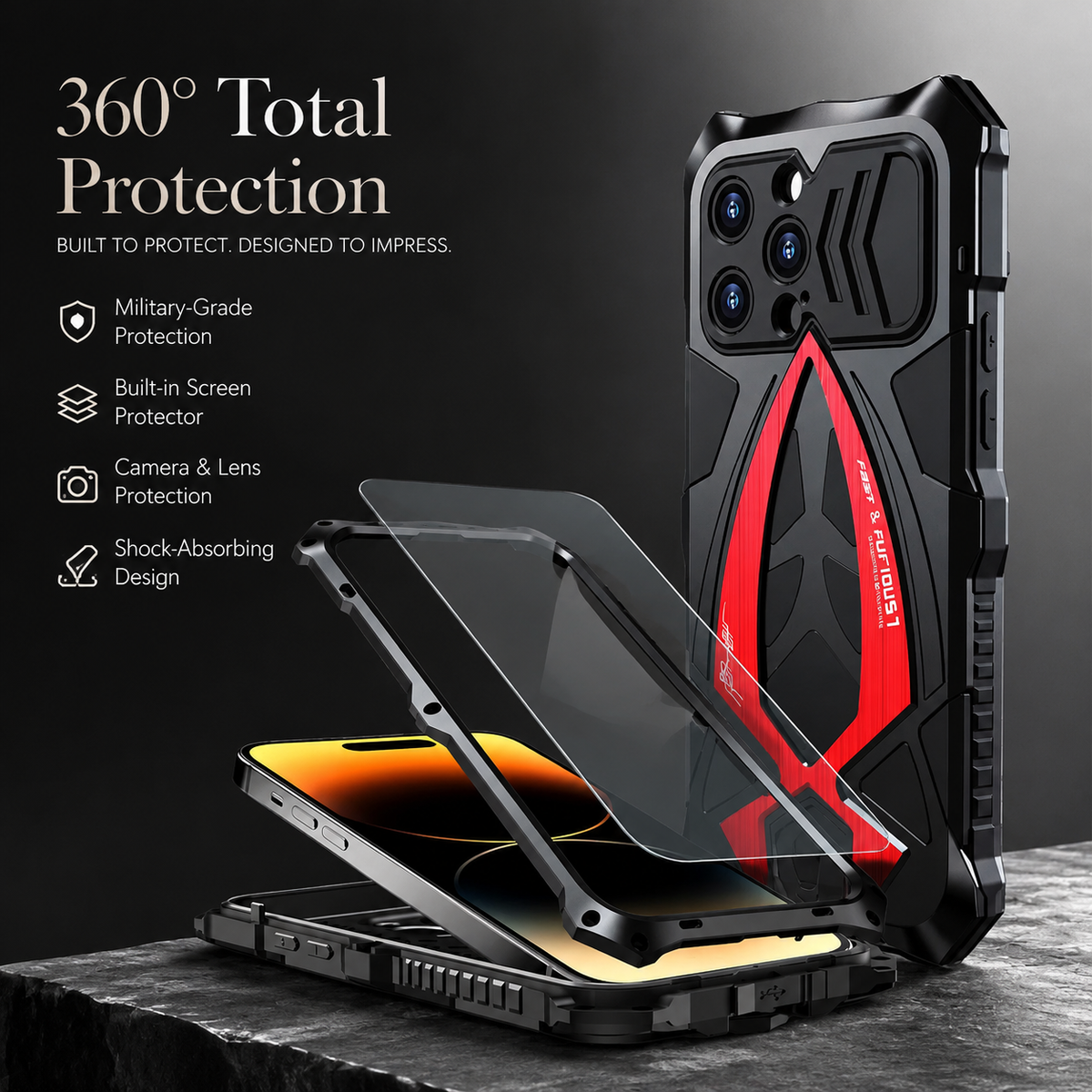 An exploded black-and-red case diagram separates front frame, screen layer, phone and rear shell beneath 360 Total Protection.
