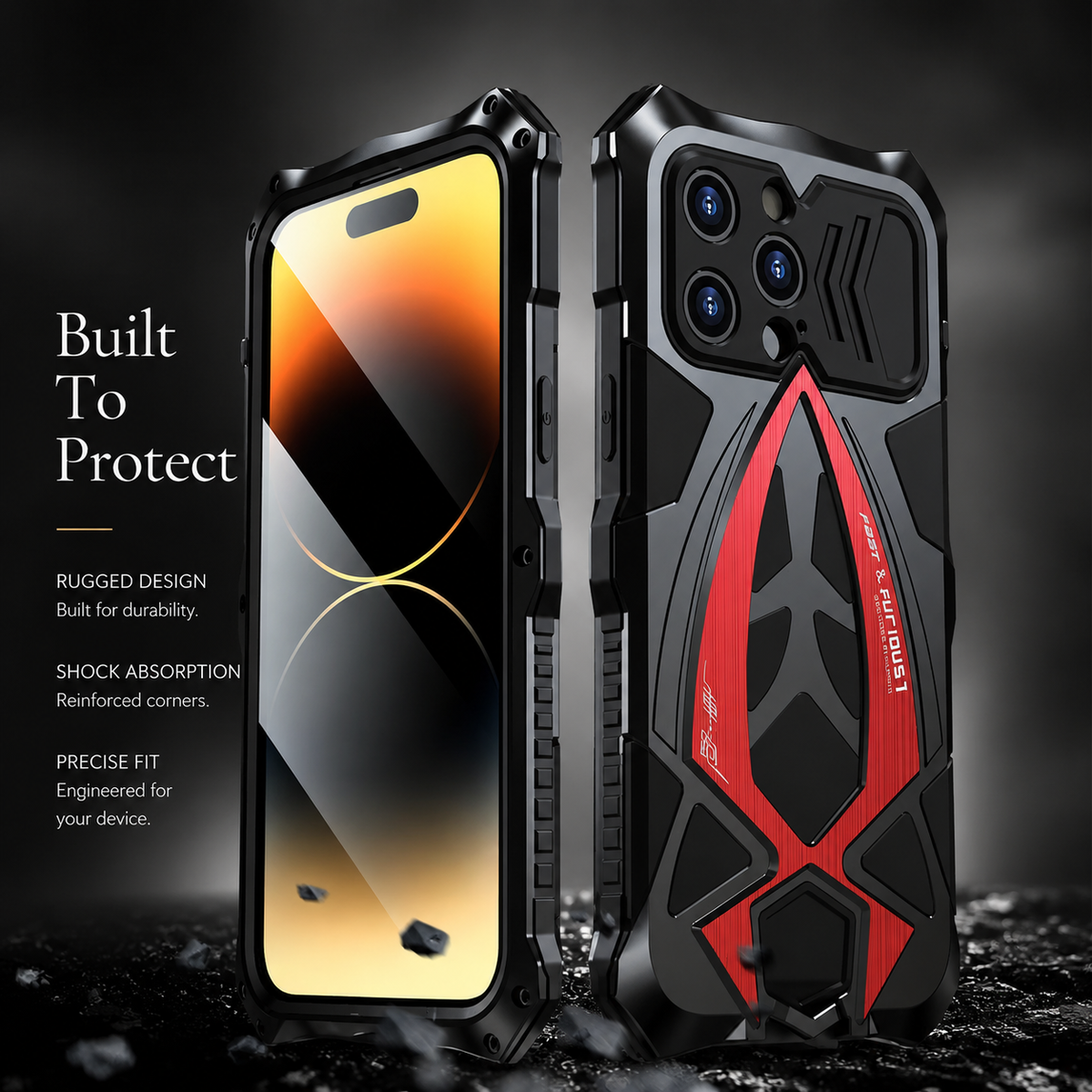 Front and rear views of a black-and-red armored case stand amid small fragments beneath Built to Protect.