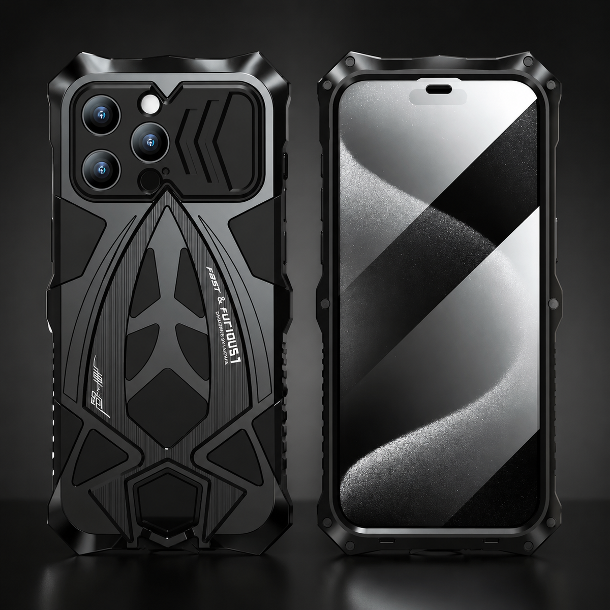 Front and rear views of a black-and-gray armored case stand against dark gray, showing its camera slider and geometric rear design.
