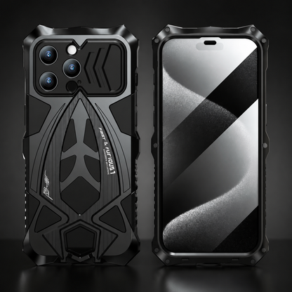 Front and rear views of a black-and-gray armored case stand against dark gray, showing its camera slider and geometric rear design.