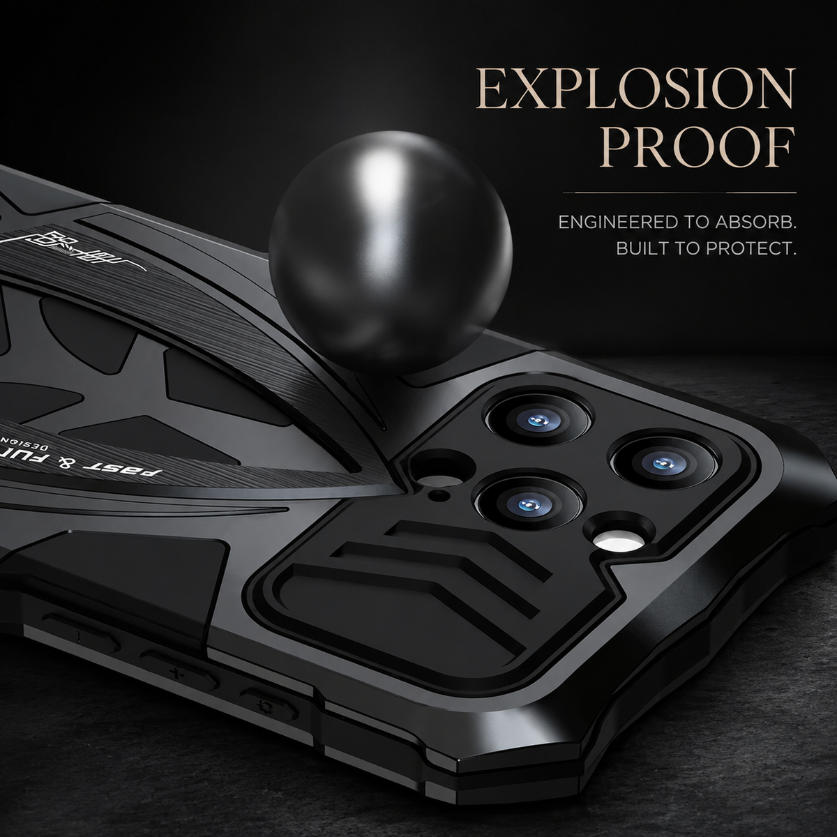 A metal-looking ball is illustrated pressing onto the rear of a black armored case beneath Explosion Proof.