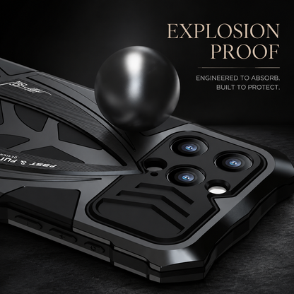 A metal-looking ball is illustrated pressing onto the rear of a black armored case beneath Explosion Proof.