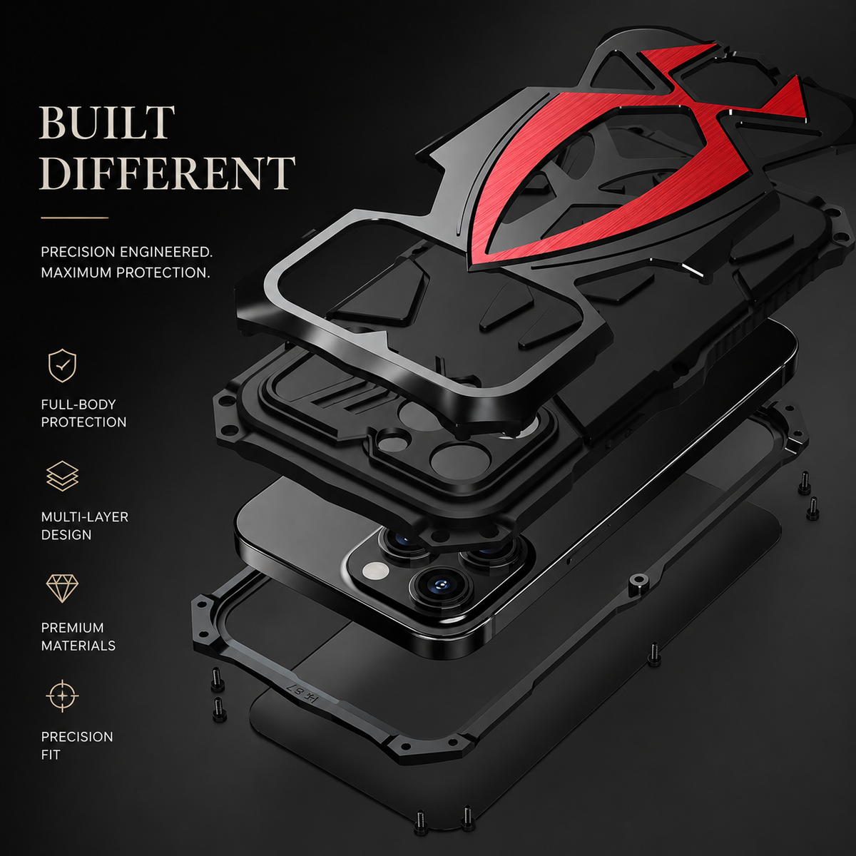 An exploded diagram separates the red-accented outer shell, inner cushioning layers, phone and front frame beneath Built Different.
