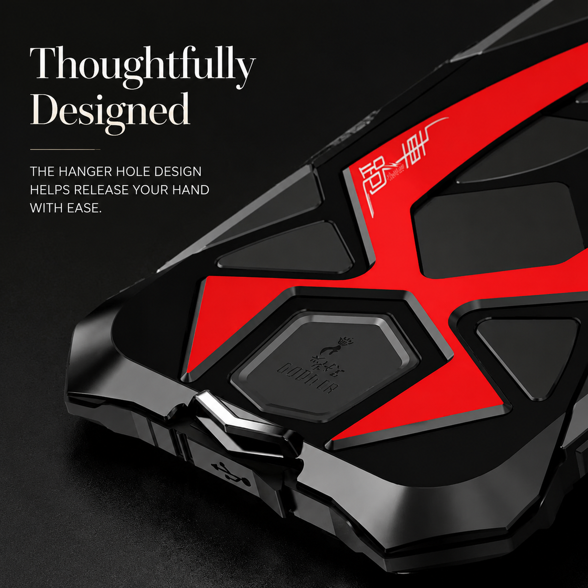 A close view of the black-and-red case's lower corner shows an attachment opening and layered angular edges beneath Thoughtfully Designed.