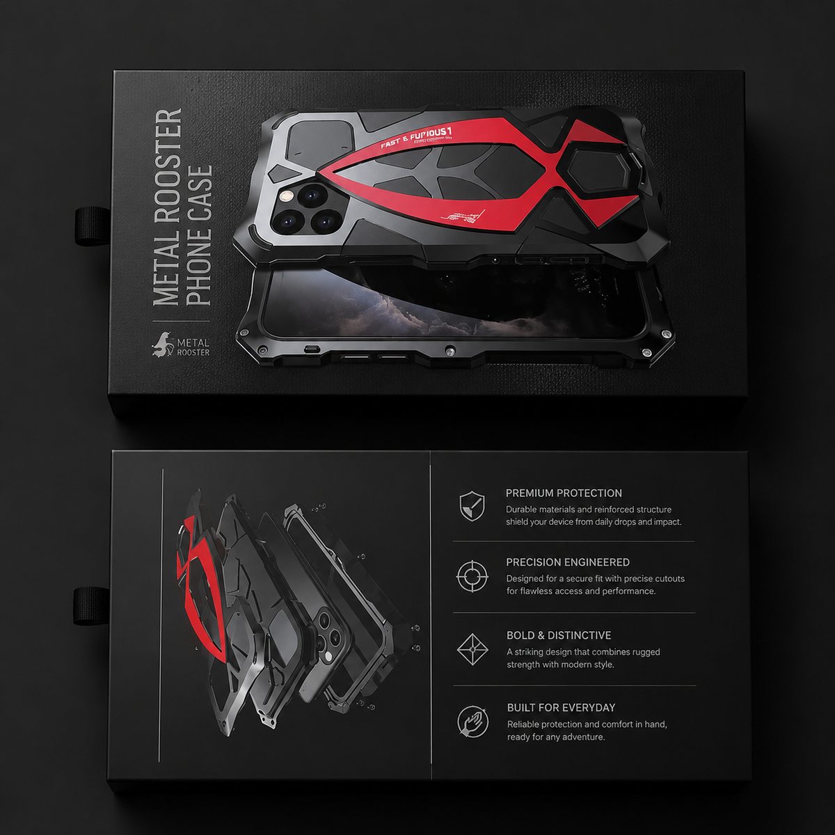 A red-accented armored case and its front view lie on black packaging. A second panel shows an exploded construction diagram.