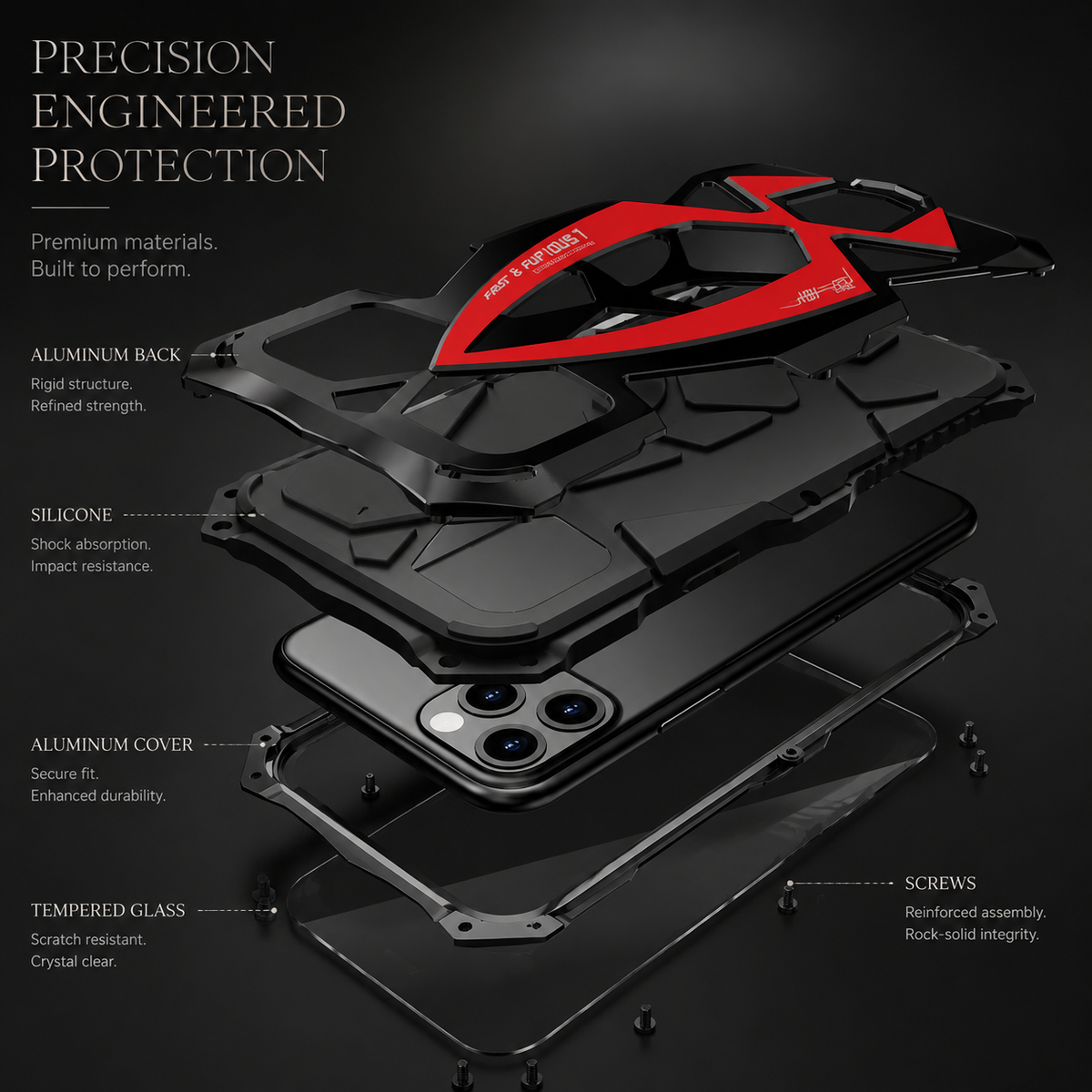 An exploded red-accented case diagram labels rear metal-looking sections, silicone, front cover, glass and screws.