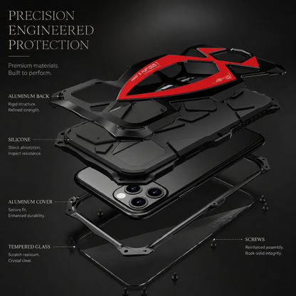 An exploded red-accented case diagram labels rear metal-looking sections, silicone, front cover, glass and screws.