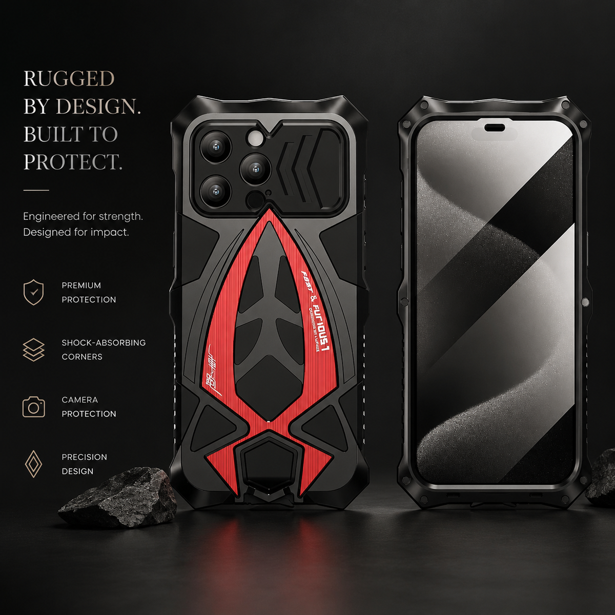 Rear and front views of a black-and-red armored case stand on a dark reflective surface beside feature icons.