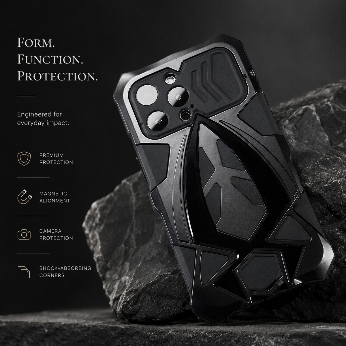 A black angular case stands against rough rock, showing its raised geometric rear design and camera-cover slider.