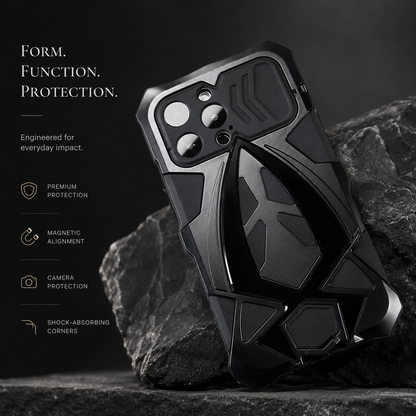 A black angular case stands against rough rock, showing its raised geometric rear design and camera-cover slider.