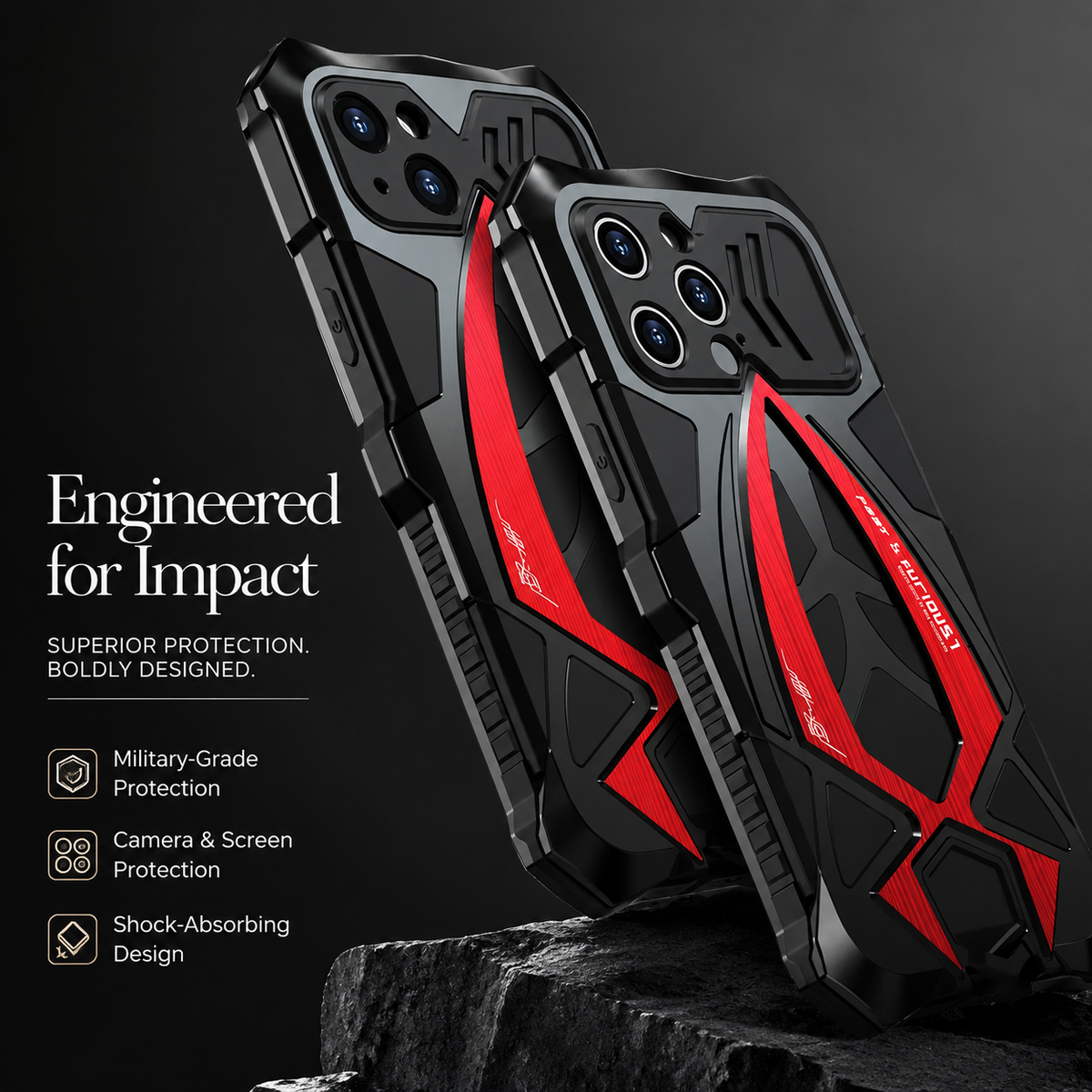 Two black-and-red armor-style cases stand on dark rock beneath Engineered for Impact.
