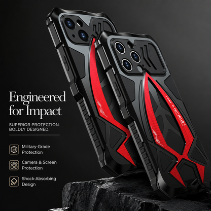 Two black-and-red armor-style cases stand on dark rock beneath Engineered for Impact.