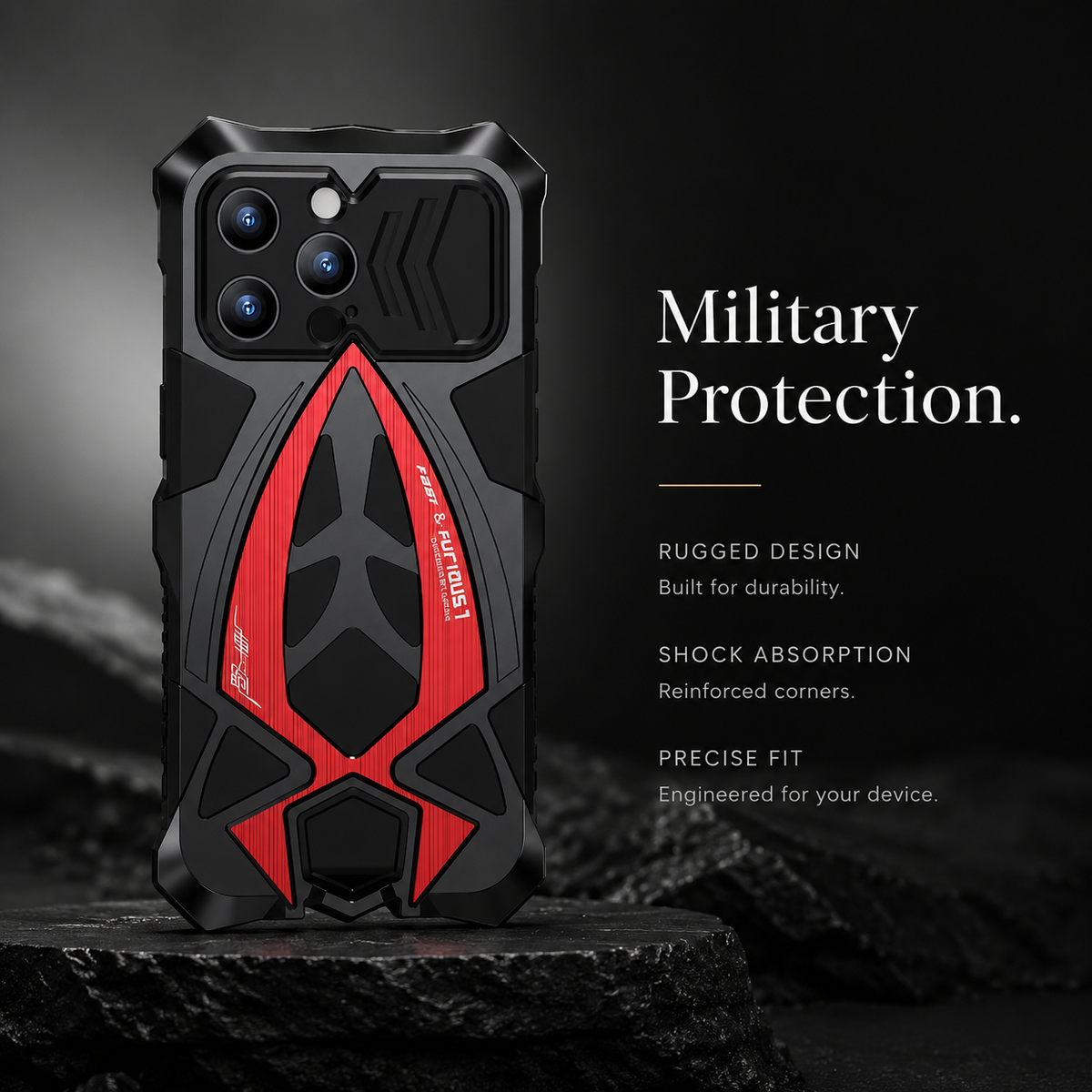 A black-and-red case stands upright on rough rock with its camera slider partly closed beneath Military Protection.