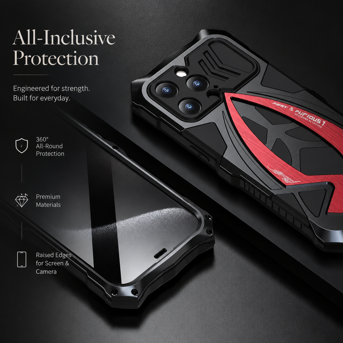 A black-and-red rear case view lies beside a reflective front view, with callouts describing all-around protection and raised edges.