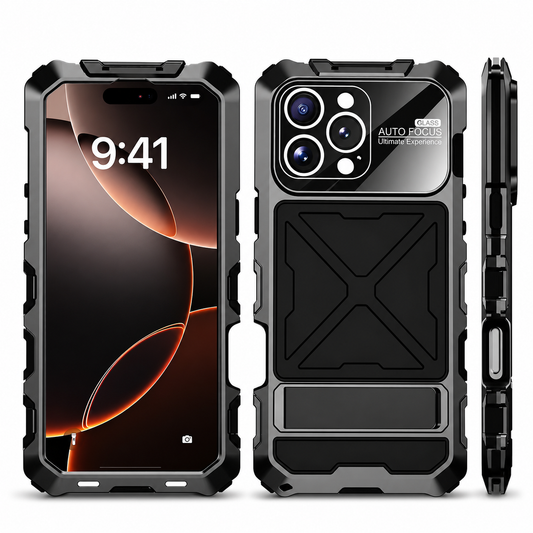 Front, rear and side views of a rugged black phone case stand on white. Angular corner pieces surround the frame, and an X-shaped raised panel fills the rear below the camera. A rectangular strip sits near the bottom. The front screen displays 9:41 over orange curves, while the side view shows thick bumpers and button openings.