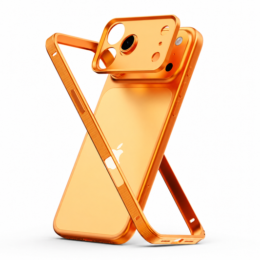 Exploded view of an orange phone bumper shows a thin outer frame and separate broad camera panel floating around the phone. Much of the phone's rear remains uncovered.