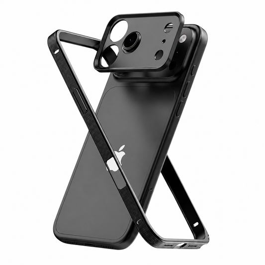 Exploded view of a black phone bumper shows a thin outer frame and separate broad camera panel floating around the phone. Much of the phone's rear remains uncovered.