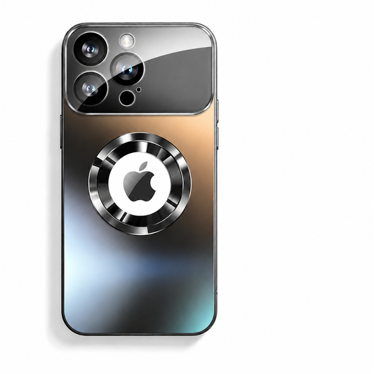 Dark metallic-looking phone case upright against white, with a glossy wide camera panel and a shiny circular ring surrounding the Apple logo.