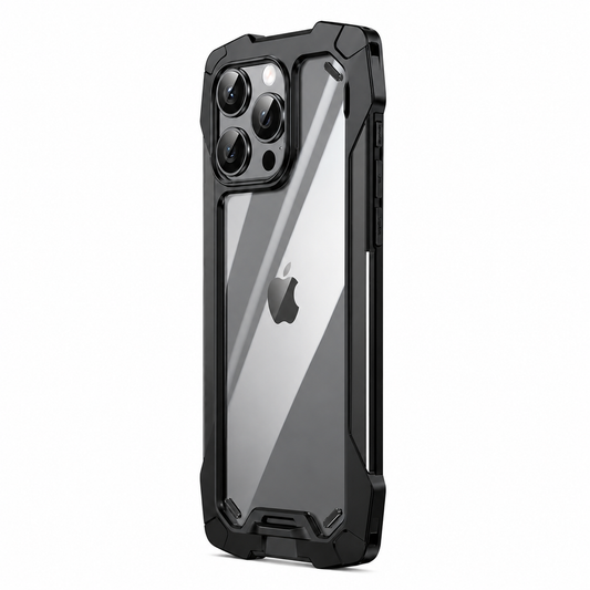 A rugged clear-backed case stands on white. A black angular frame with reinforced corners surrounds the visible phone back and Apple logo.