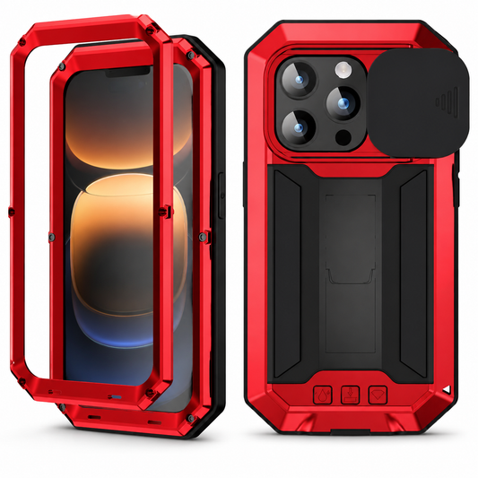 Front and rear views of a rugged red-and-black case stand on white, showing angular corners, screw heads, a sliding camera cover and rectangular rear kickstand.
