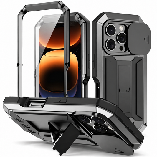 Front, rear and horizontal stand views of a rugged gray-and-black case show angular corners, screw heads, a sliding camera cover and a rectangular folding kickstand.
