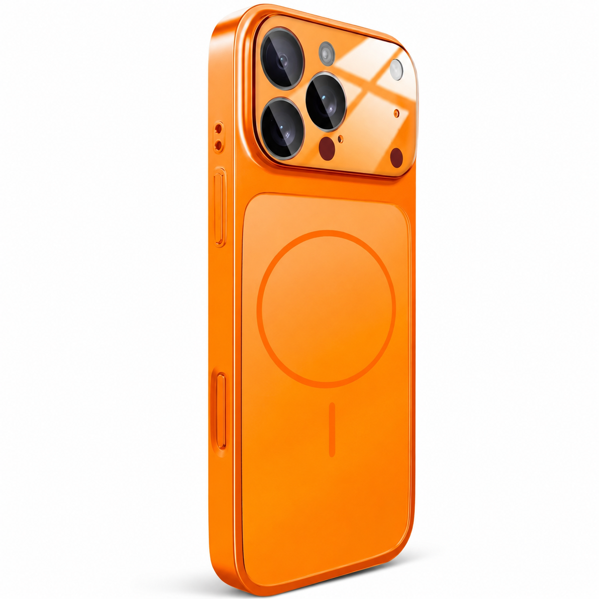 Orange case stands rear-forward with a matte back, circular magnetic outline and alignment bar, reflective matching edges, and a broad glossy camera panel reflecting a window.