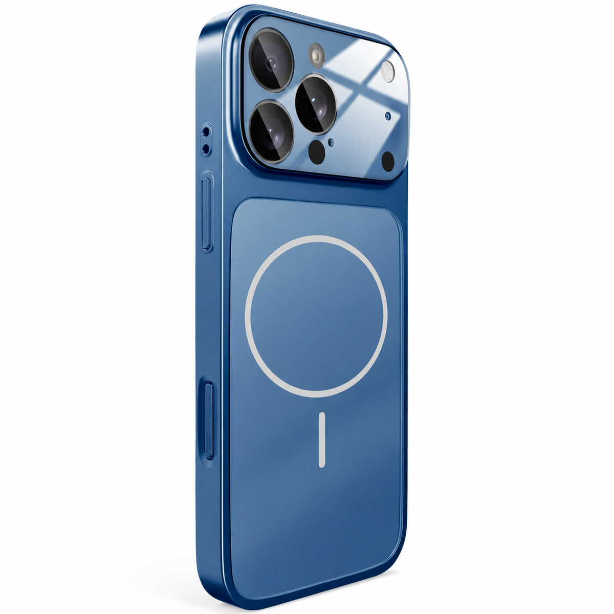 Blue case stands rear-forward with a matte back, circular magnetic outline and alignment bar, reflective matching edges, and a broad glossy camera panel reflecting a window.