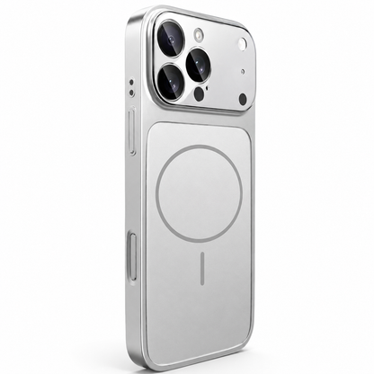 Silver-colored case stands rear-forward with a matte back, circular magnetic outline and alignment bar, reflective matching edges, and a broad glossy camera panel reflecting a window.