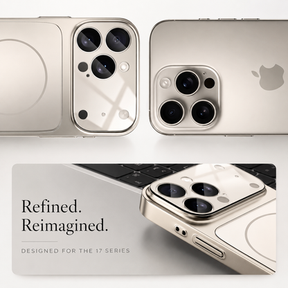 Comparison shows a pale cased phone beside a bare phone's camera area, with a lower close-up of the case beside a laptop. Text labels the design for the 17 series.