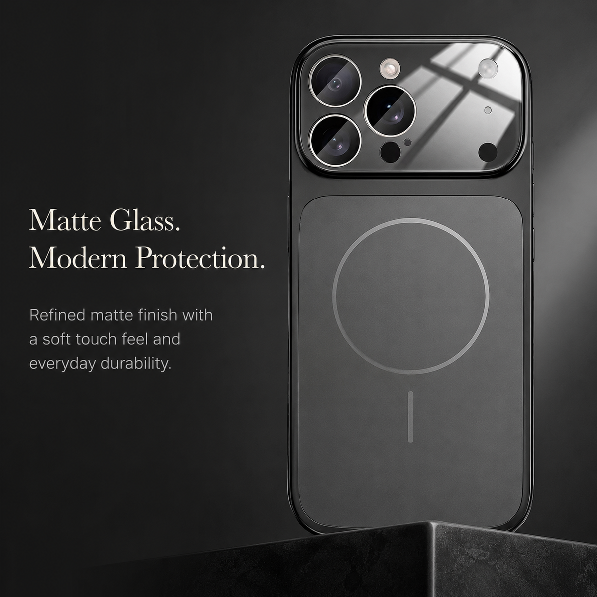 Black case stands on a dark platform, showing a matte back, gray magnetic ring, and glossy camera panel. Text advertises matte glass and a soft finish.