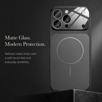 Black case stands on a dark platform, showing a matte back, gray magnetic ring, and glossy camera panel. Text advertises matte glass and a soft finish.