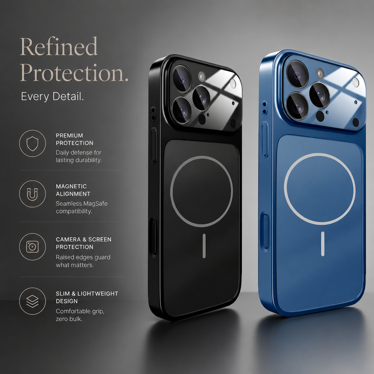 Black and blue cases stand upright on dark gray with circular magnetic markings and broad glossy camera panels. Text highlights protection, magnetic alignment, and a lightweight profile.
