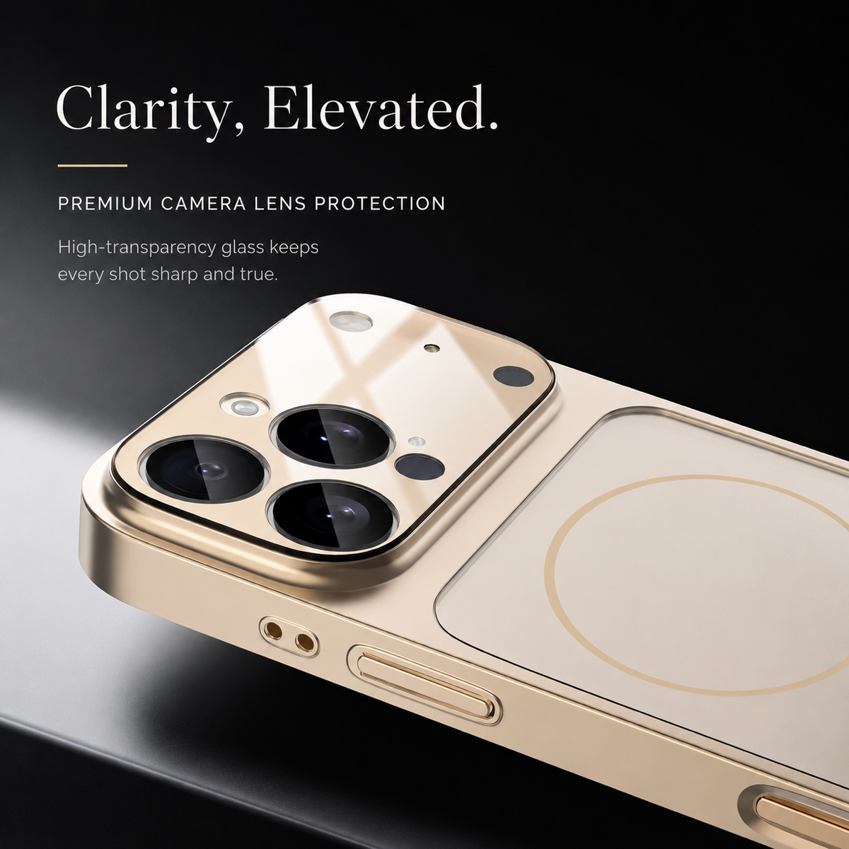 Close-up of a gold-colored case's glossy camera panel shows three lenses and smaller sensor openings. Text advertises a transparent glass lens-protection layer.
