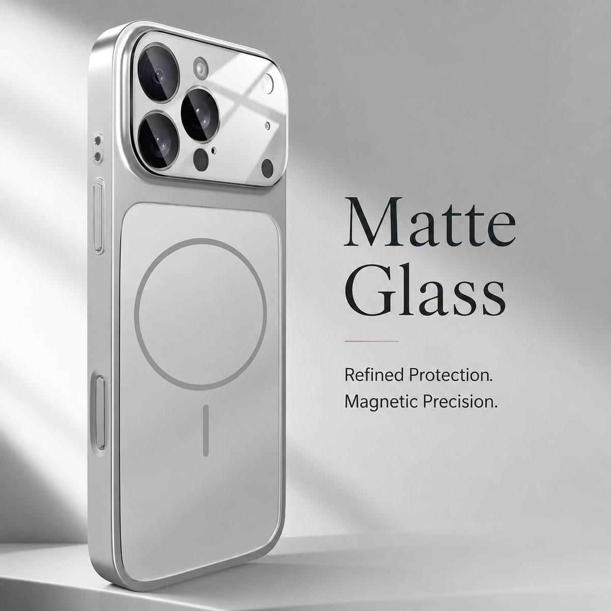 Silver-colored case stands upright against pale gray, showing a matte back, gray magnetic ring, and broad glossy camera panel beneath the heading Matte Glass.