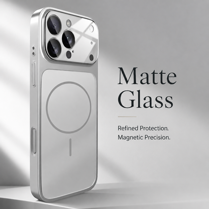 Silver-colored case stands upright against pale gray, showing a matte back, gray magnetic ring, and broad glossy camera panel beneath the heading Matte Glass.