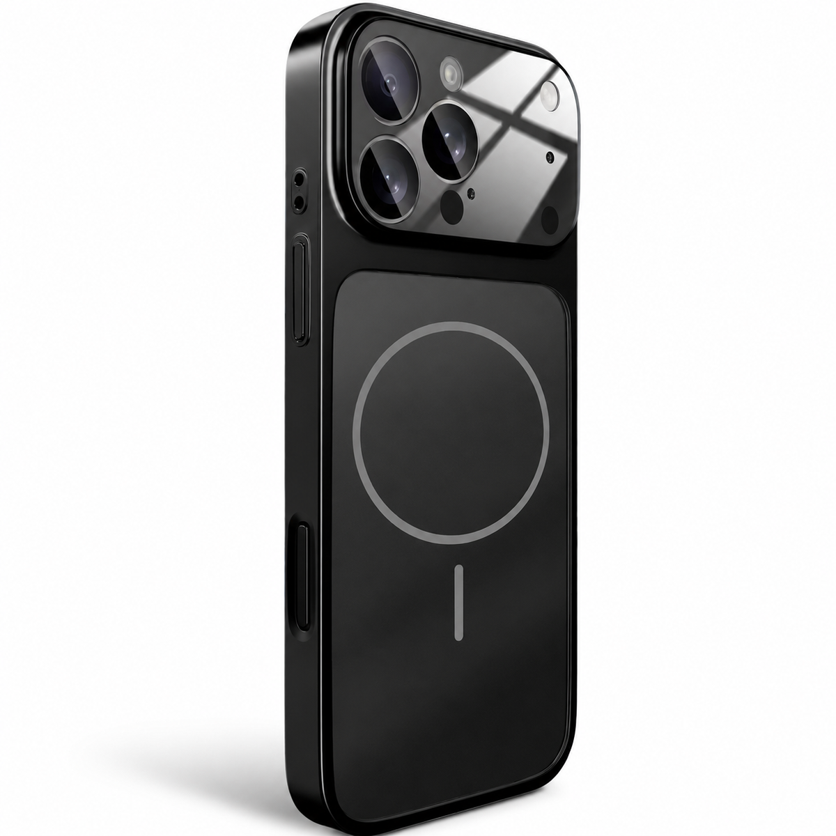 Black case stands rear-forward with a matte back, circular magnetic outline and alignment bar, reflective matching edges, and a broad glossy camera panel reflecting a window.