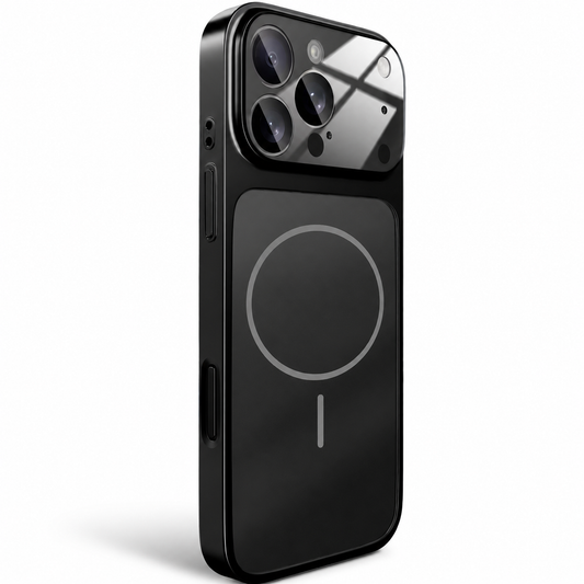Black case stands rear-forward with a matte back, circular magnetic outline and alignment bar, reflective matching edges, and a broad glossy camera panel reflecting a window.