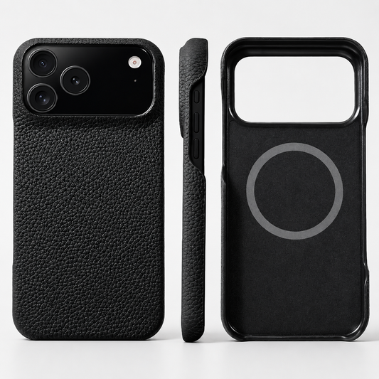 Three views of a black pebbled phone case show its textured rear, covered side buttons and dark interior with a gray circular ring.