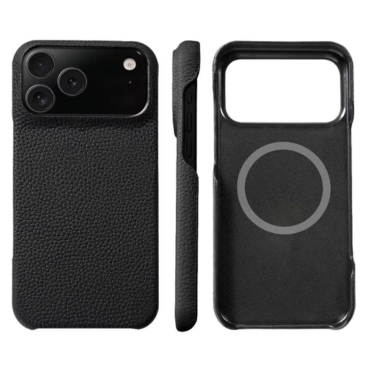 Black pebbled leather-look phone case in rear, narrow side and interior views, showing a wide camera opening, black side buttons and a circular ring inside.