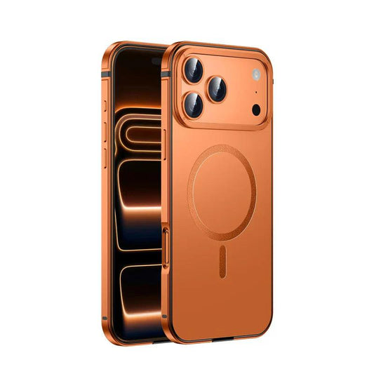 Front and rear views of an orange matte-looking case stand on white, with a circular magnetic marking and short alignment bar.