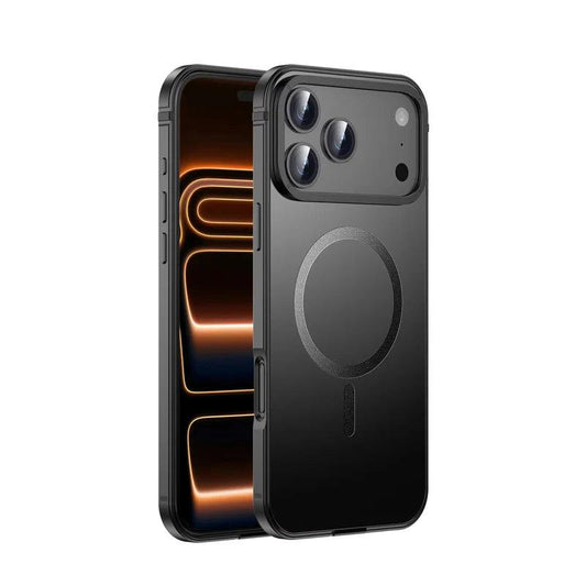 Front and rear views of a black matte-looking case stand on white, showing a circular magnetic marking below a wide camera panel.