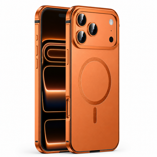 Front and rear views of an orange phone case stand on white. The matte back has a circular magnetic marking and short vertical bar below a raised three-lens camera surround.